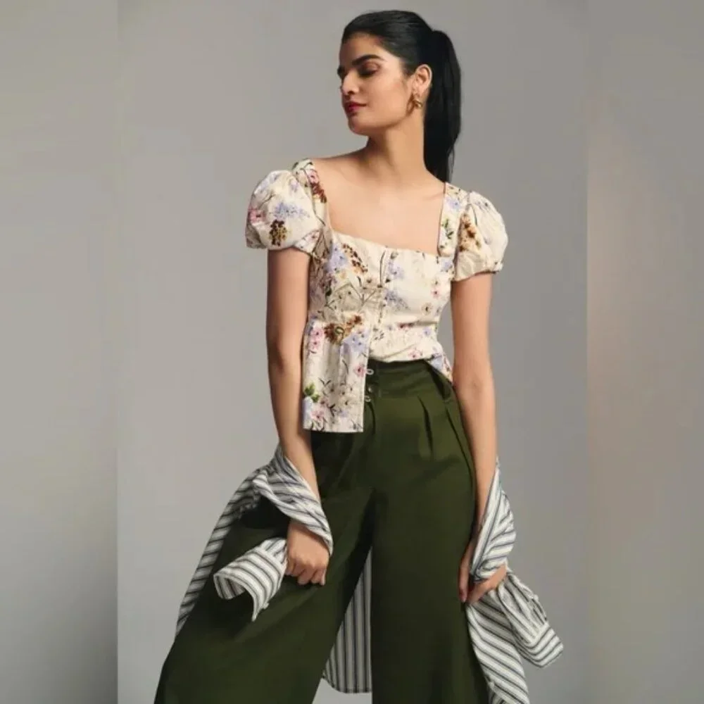 Anthropologie Puff-Sleeve Floral Peplum Top XS